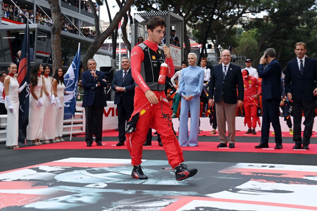 MONTE-CARLO, MONACO - MAY 29: Charles Leclerc of Monaco and Ferrari, Princess Charlene de Monaco and Prince Albert de Monaco attend the F1 Grand Prix of Monaco at Circuit de Monaco on May 29, 2022 in Monte-Carlo, Monaco. (Photo by Pascal Le Segretain/WireImage)
