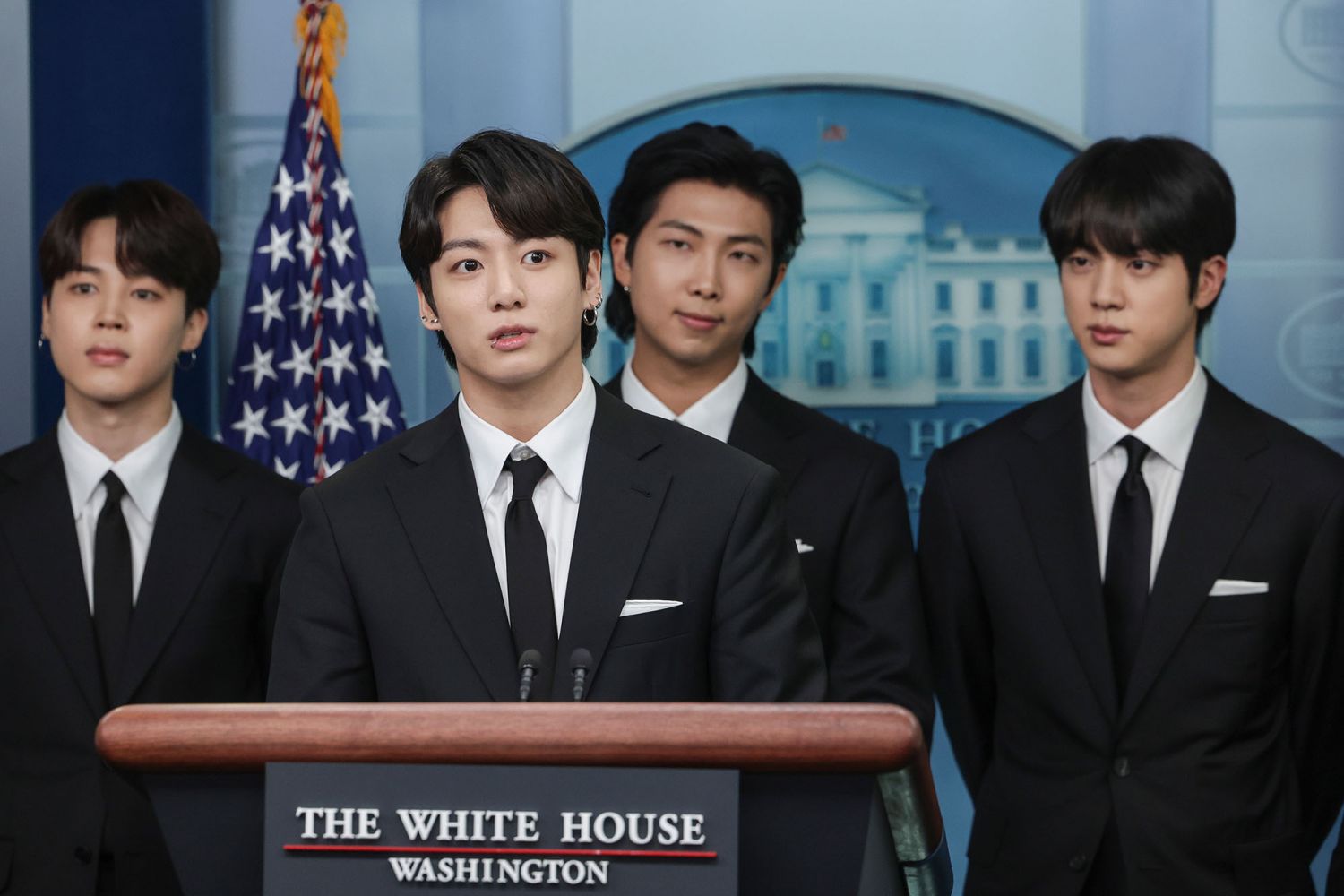 Jimin, Jungkook, RM and Jin of the South Korean pop group BTS speak at the daily press briefing at the White House. (Photo: Getty Images)