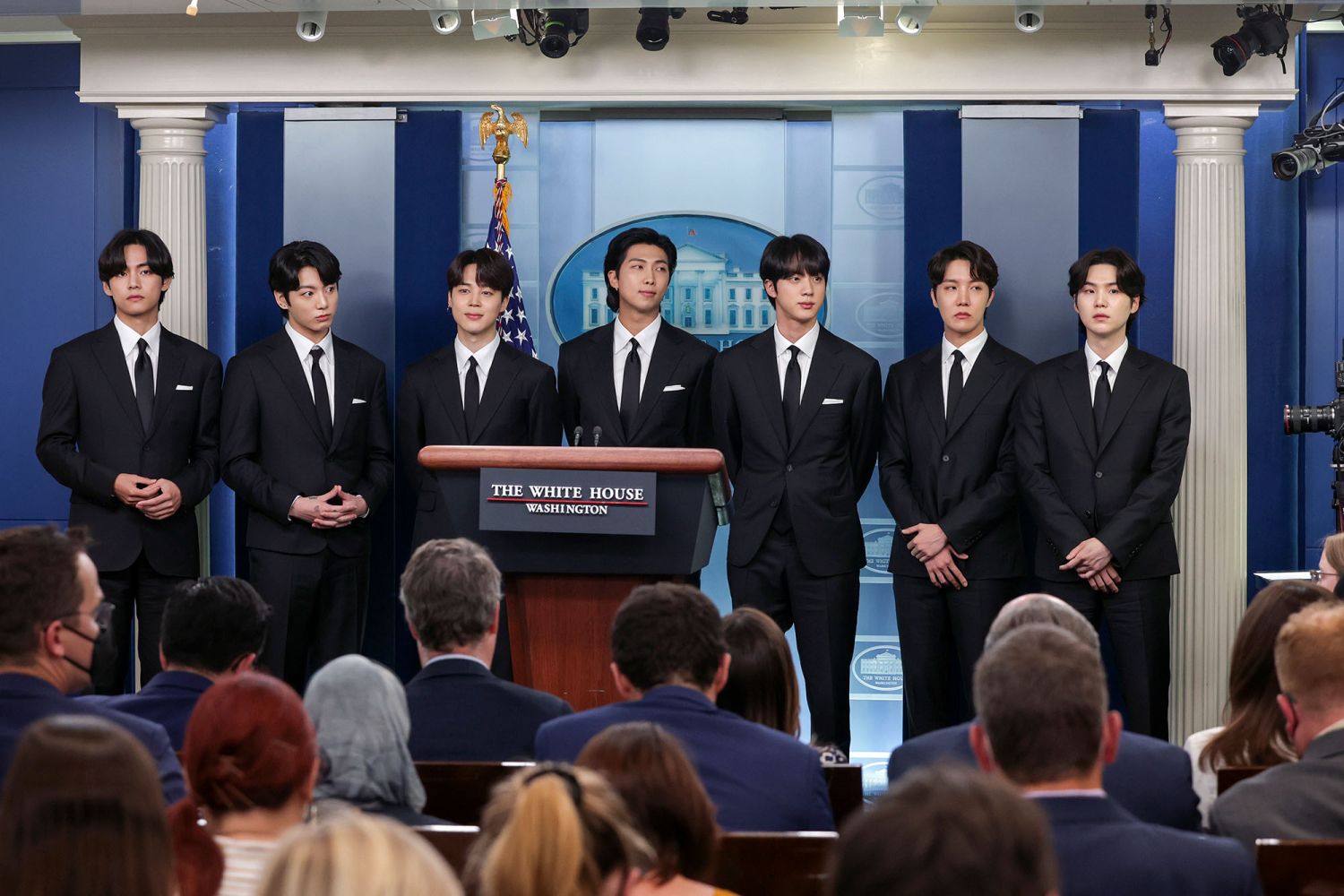 Jimin, Jungkook, RM and Jin of the South Korean pop group BTS speak at the daily press briefing at the White House. (Photo: Getty Images)