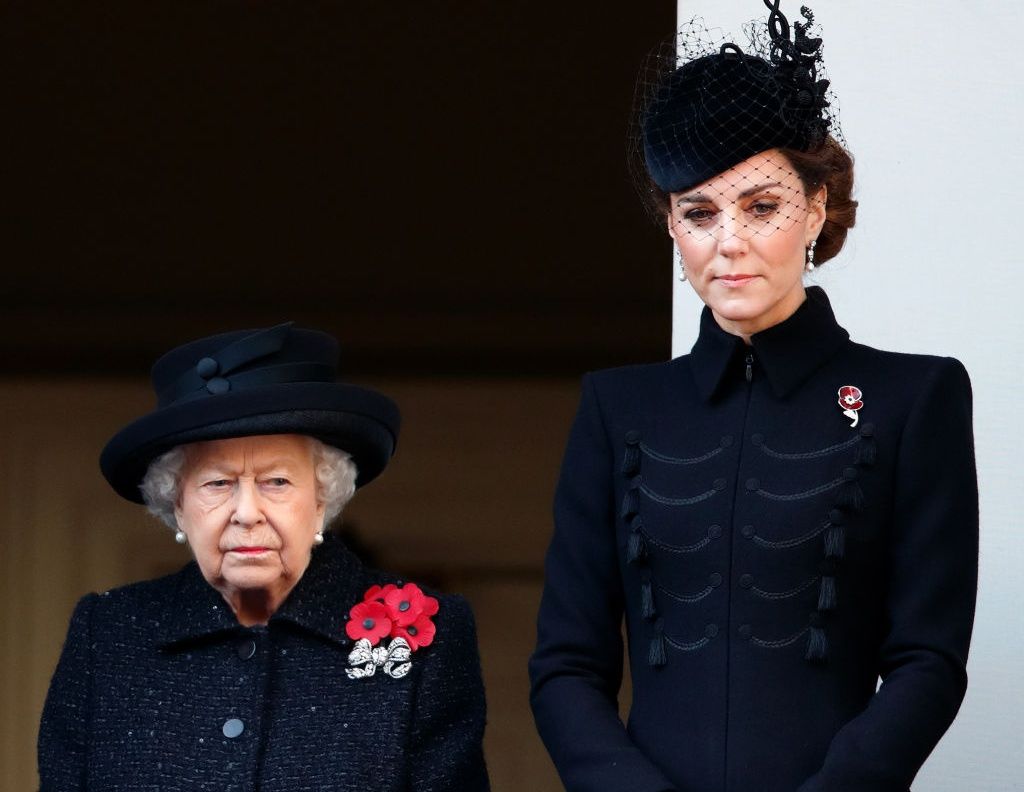 LONDON, UNITED KINGDOM - NOVEMBER 10: (EMBARGOED FOR PUBLICATION IN UK NEWSPAPERS UNTIL 24 HOURS AFTER CREATE DATE AND TIME) Queen Elizabeth II and Catherine, Duchess of Cambridge attend the annual Remembrance Sunday service at The Cenotaph on November 10, 2019 in London, England. The armistice ending the First World War between the Allies and Germany was signed at Compiegne, France on eleventh hour of the eleventh day of the eleventh month - 11am on the 11th November 1918. (Photo by Max Mumby/Indigo/Getty