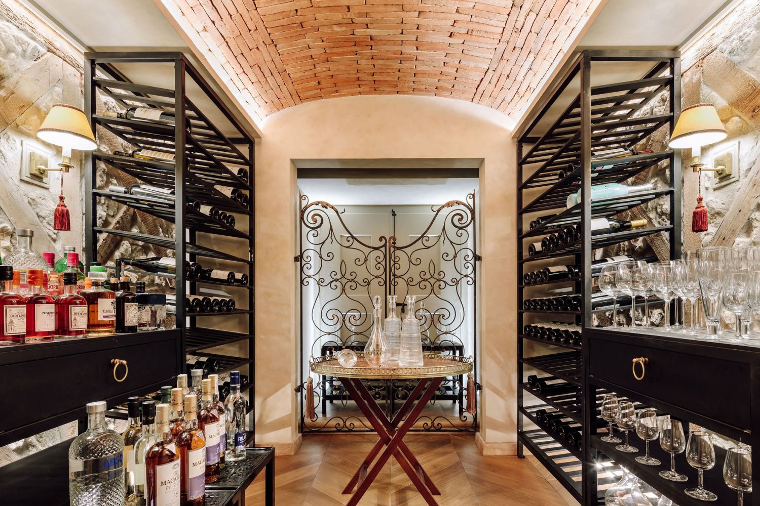 The wine cellar stores the homeowners' collection of wine and spirits