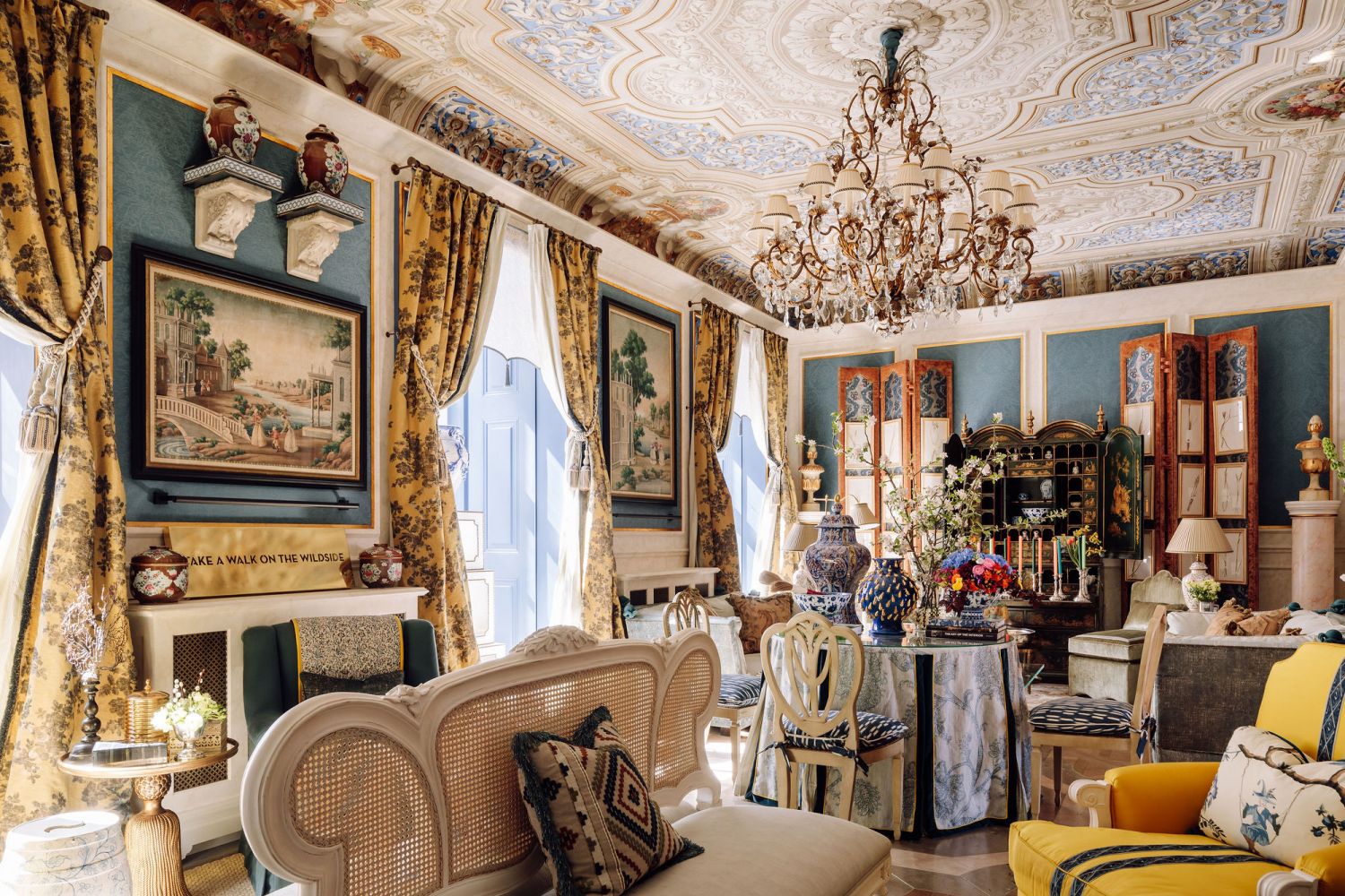 The incredibly detailed fresco ceiling is retained from the original home design
