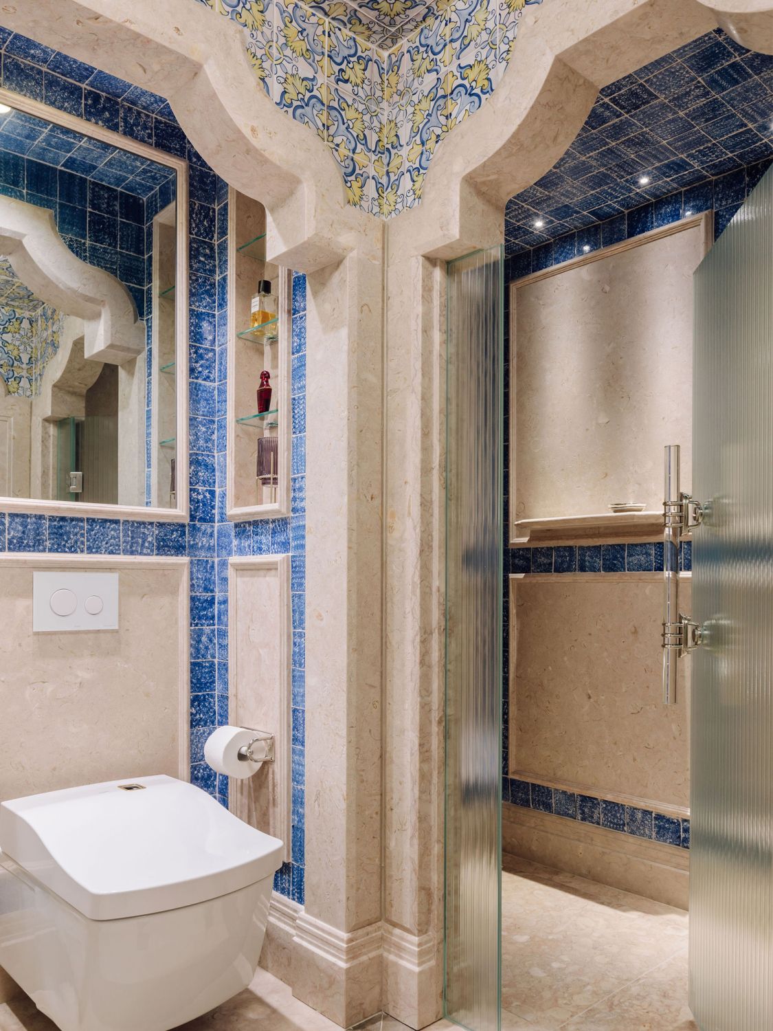 Similar to the kitchen, the tiles in the bathroom were carefully handcrafted and antiqued to fit the timeless mood