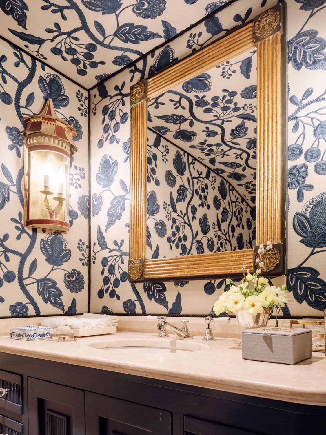 The printed wallpaper and wall coverings throughout the home were carefully selected