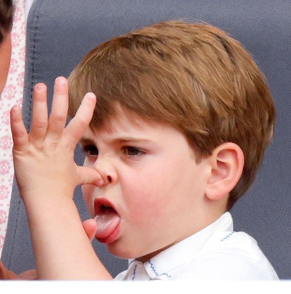 LONDON, UNITED KINGDOM - JUNE 05: (EMBARGOED FOR PUBLICATION IN UK NEWSPAPERS UNTIL 24 HOURS AFTER CREATE DATE AND TIME) Prince Louis of Cambridge 'thumb's his nose' and sticks his tongue out at his mother Catherine, Duchess of Cambridge as they attend the Platinum Pageant on The Mall on June 5, 2022 in London, England. The Platinum Jubilee of Elizabeth II is being celebrated from June 2 to June 5, 2022, in the UK and Commonwealth to mark the 70th anniversary of the accession of Queen Elizabeth II on 6 Febr
