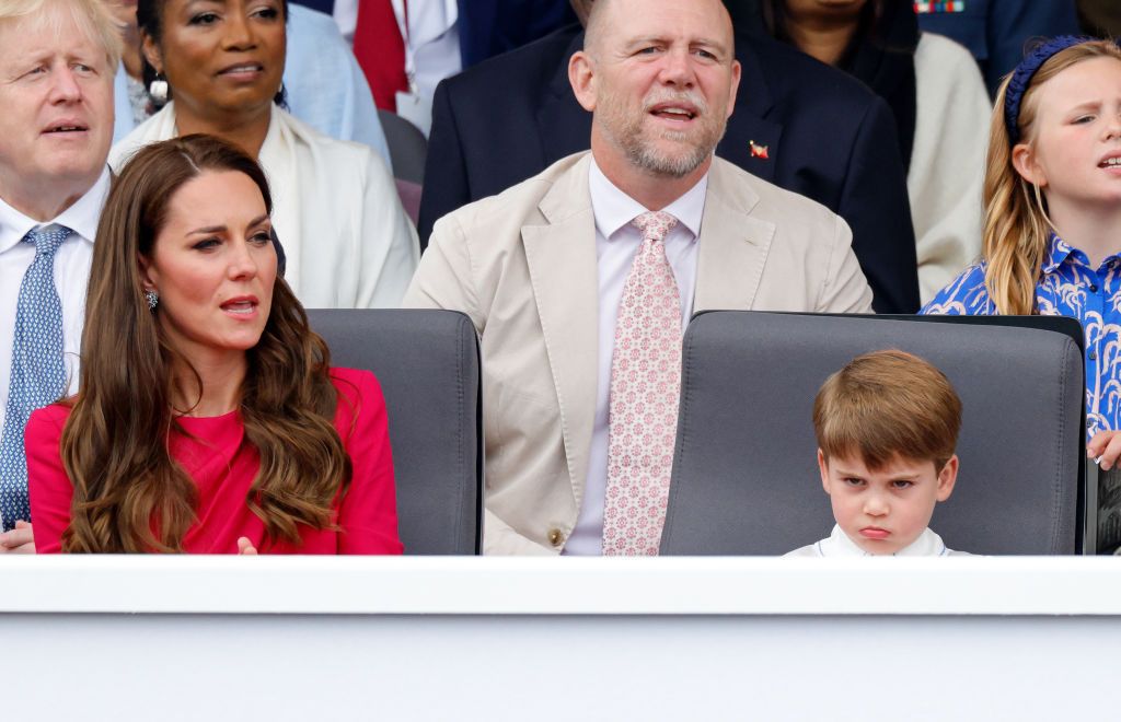 LONDON, UNITED KINGDOM - JUNE 05: (EMBARGOED FOR PUBLICATION IN UK NEWSPAPERS UNTIL 24 HOURS AFTER CREATE DATE AND TIME) Catherine, Duchess of Cambridge and Prince Louis of Cambridge attend the Platinum Pageant on The Mall on June 5, 2022 in London, England. The Platinum Jubilee of Elizabeth II is being celebrated from June 2 to June 5, 2022, in the UK and Commonwealth to mark the 70th anniversary of the accession of Queen Elizabeth II on 6 February 1952. (Photo by Max Mumby/Indigo/Getty Images)