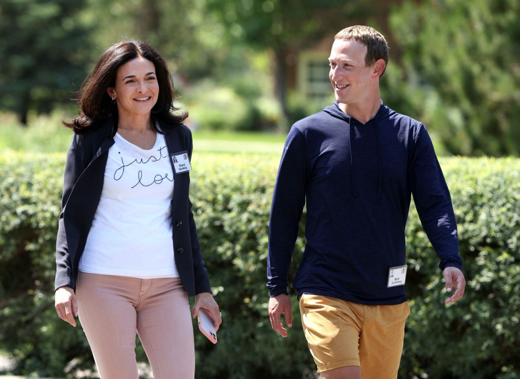 SUN VALLEY, IDAHO - JULY 09: CEO of Facebook Mark Zuckerberg walks with COO of Facebook Sheryl Sandberg after a session at the Allen & Company Sun Valley Conference on July 08, 2021 in Sun Valley, Idaho. After a year hiatus due to the COVID-19 pandemic, the worldâs most wealthy and powerful businesspeople from the media, finance, and technology worlds will converge at the Sun Valley Resort for the exclusive week-long conference. (Photo by Kevin Dietsch/Getty Images)