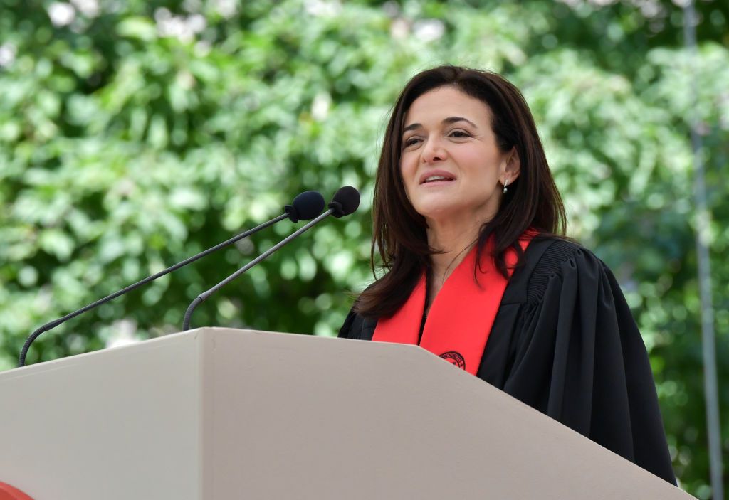 CAMBRIDGE, MA - JUNE 08: Sheryl Sandberg delivers the commencement address at at the Massachusetts Institute of Technology Commencement Exercises on June 8, 2018 in Cambridge, Massachusetts. (Photo by Paul Marotta/Getty Images)