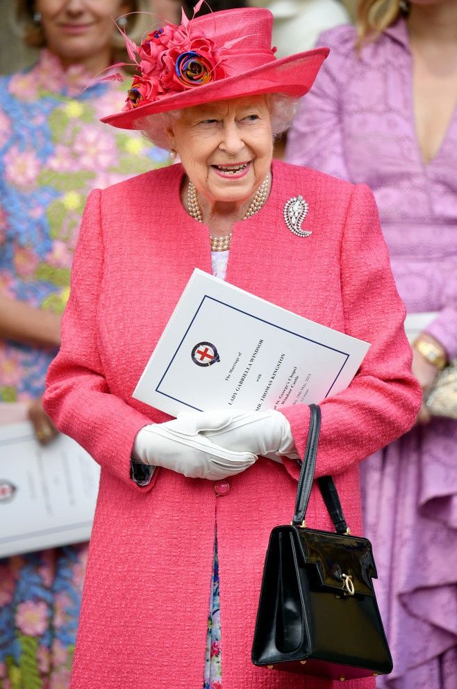WINDSOR, UNITED KINGDOM - MAY 18: (EMBARGOED FOR PUBLICATION IN UK NEWSPAPERS UNTIL 24 HOURS AFTER CREATE DATE AND TIME) Queen Elizabeth II attends the wedding of Lady Gabriella Windsor and Thomas Kingston at St George's Chapel on May 18, 2019 in Windsor, England. (Photo by Pool/Max Mumby/Getty Images)