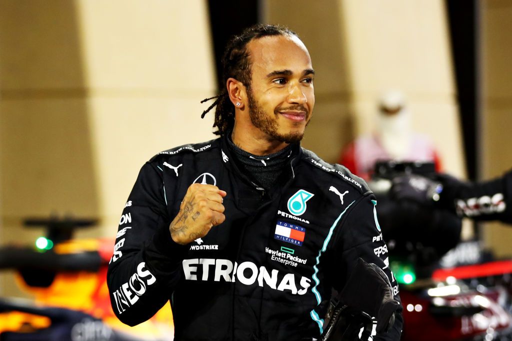 BAHRAIN, BAHRAIN - NOVEMBER 29: Race winner Lewis Hamilton of Great Britain and Mercedes GP celebrates in parc ferme during the F1 Grand Prix of Bahrain at Bahrain International Circuit on November 29, 2020 in Bahrain, Bahrain. (Photo by Mark Thompson/Getty Images)