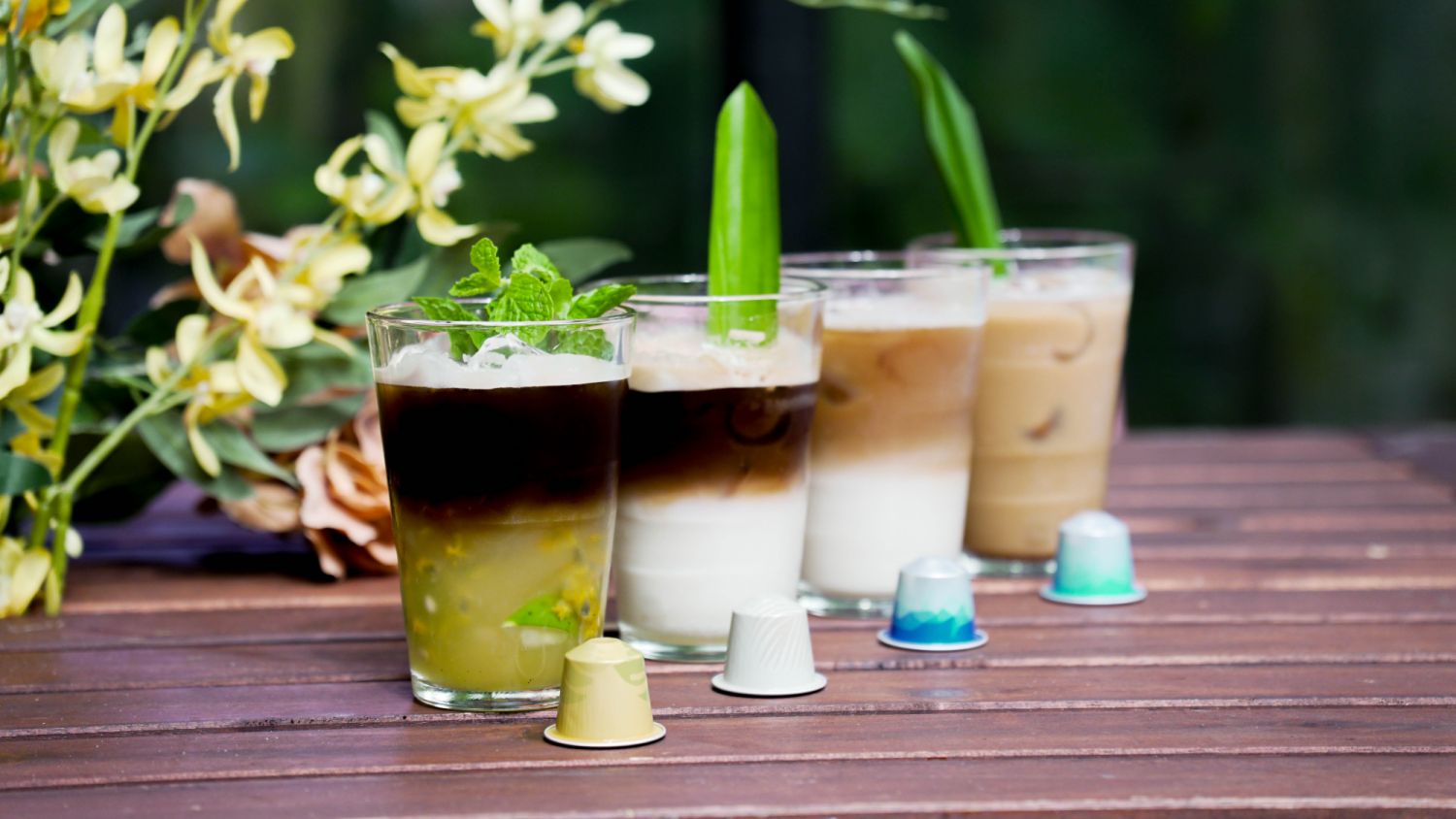 The full range of the latest Barista Creations Over Ice blends: Liminha Over Ice, Coconut Over Ice, Freddo Intenso and Freddo Delicato. (Photo: Nespresso)