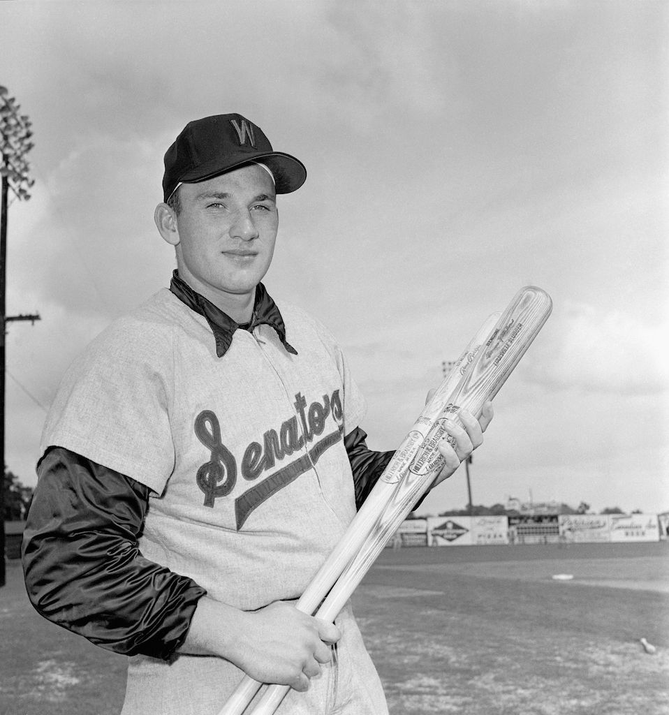 (Original Caption) Batter Up. Orlando, Fla.: Silhouetted against the sky, Harmon Killebrew of the Washington Senators, sharpens up his batting here during spring training. Last season Killebrew walloped 42 homers to end up in a tie for the ranking of top batter in the American League.