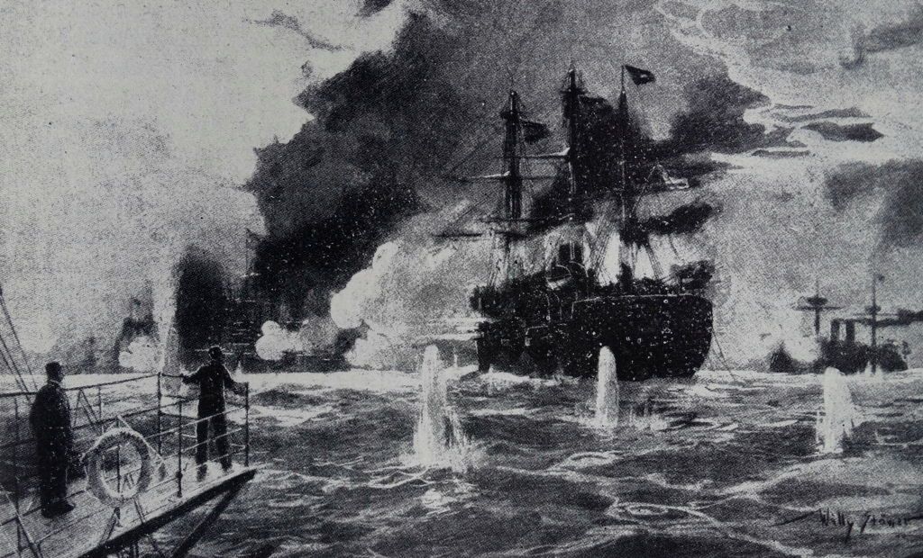 Painting depicting a scene from the Battle of Manila Bay by Willy Stower (1864-1931) a German artist, illustrator and author during the Imperial Period. Dated 19th Century. (Photo by: Universal History Archive/Universal Images Group via Getty Images)
