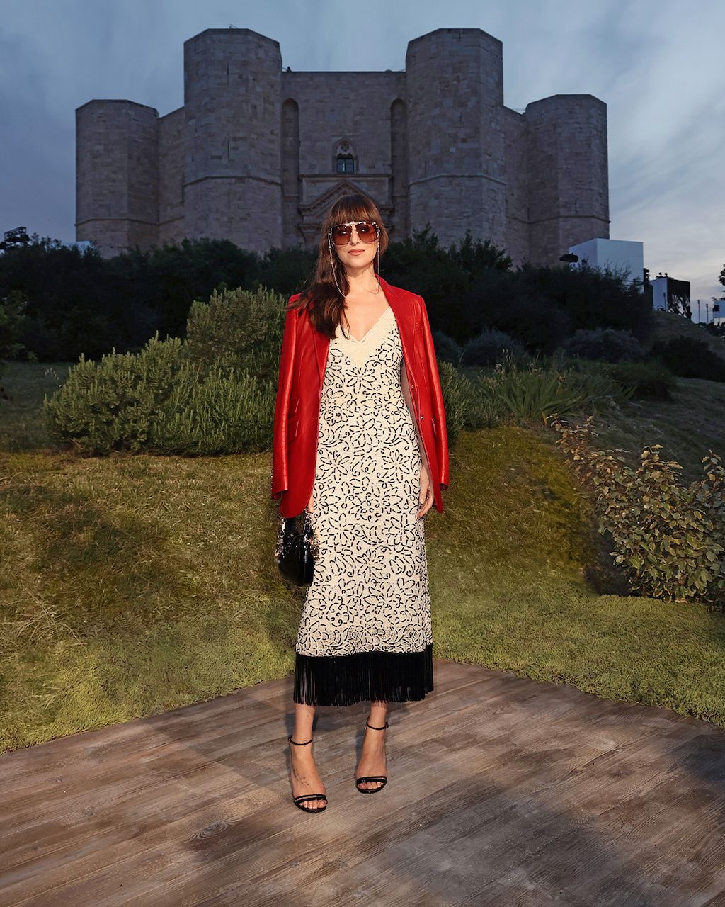 CASTEL DEL MONTE, ITALY - MAY 16: Dakota Johnson arrives at Gucci Cosmogonie - Castel Del Monte on May 16, 2022 in Andria, Italy. (Photo by Ernesto S. Ruscio/Getty Images for Gucci)