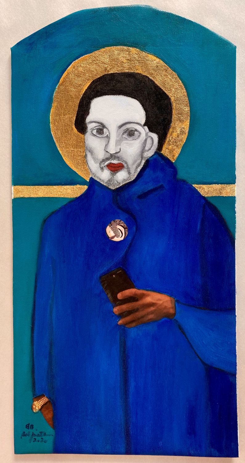 ARTISTS AS SAINTS "Stampita Series: Juan Luna”, oil and collage on canvas