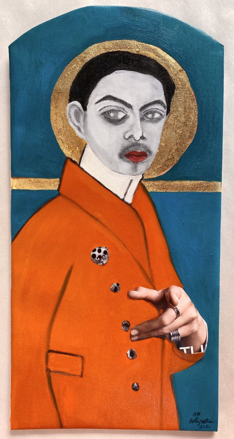 ARTISTS AS SAINTS “Stampita Series: Pablo Picasso”, oil and collage on canvas