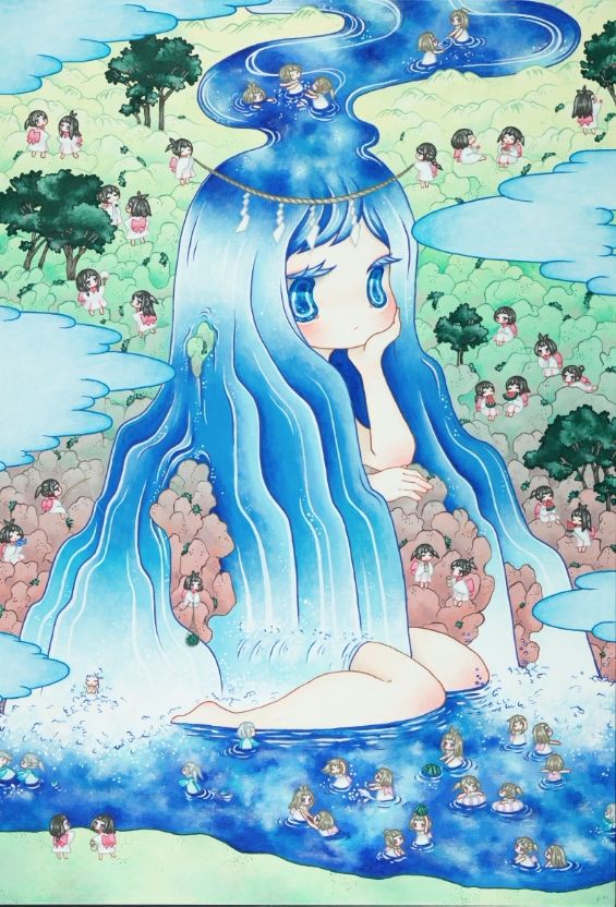 金田涼子岩石與瀑布-朱夏(2022)布面丙烯 P50號描繪了在瀑布打坐、瀑布潭裡玩水、吃西風的孩子等,享受著夏日涼爽的瀑布浴的樣子。圖片由HRD Artist Label提供。