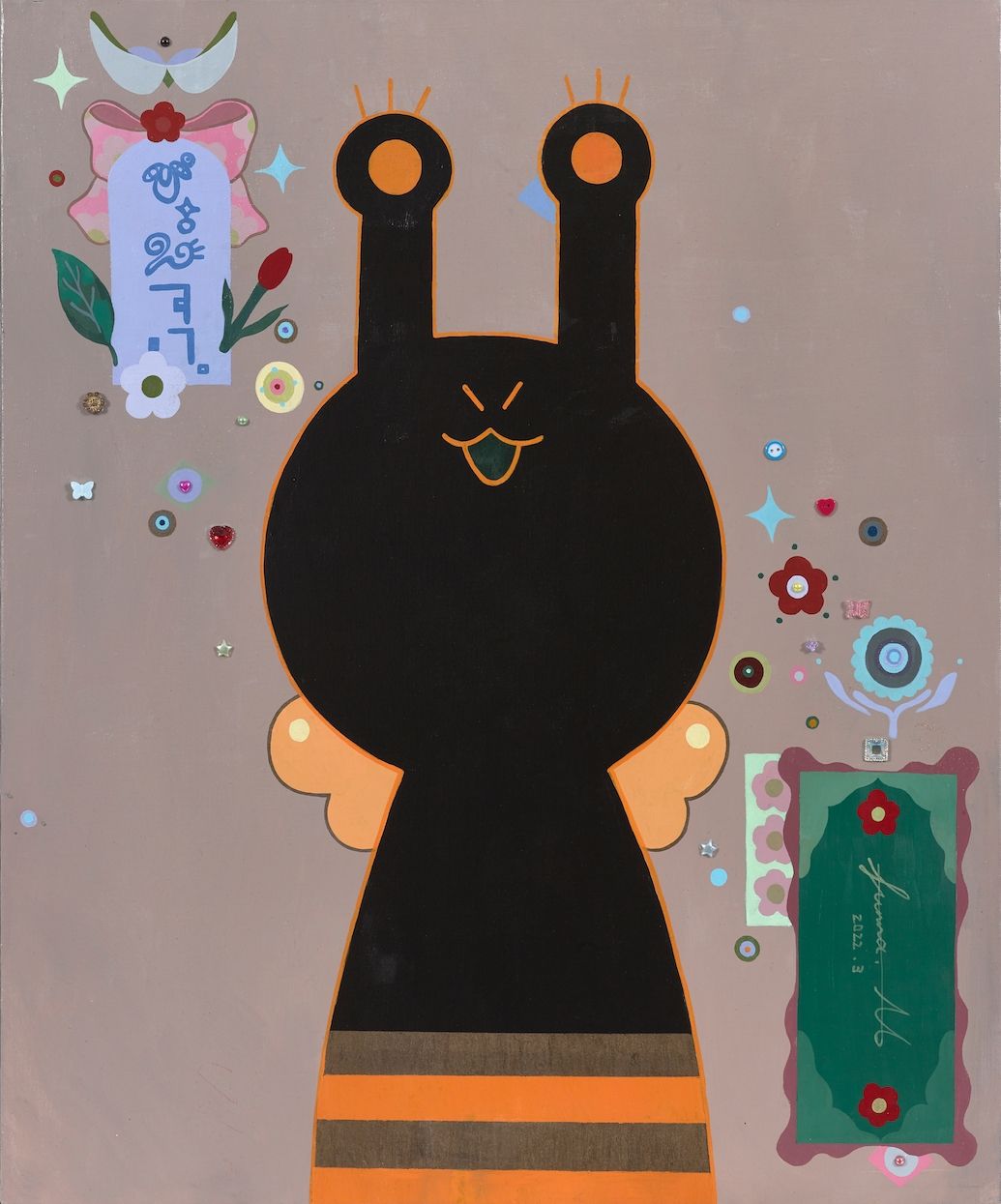 丸山純奈小蜜蜂蛙之助(2022)布面丙烯 72.7 x 60.6×2cm蛙之助系列是以 “個性” 為主題的作品。因此,繪製了各種圖案、模樣和設計的蛙之助。靈感來自浮世繪和花牌/圖片由HRD Artist Label提供。