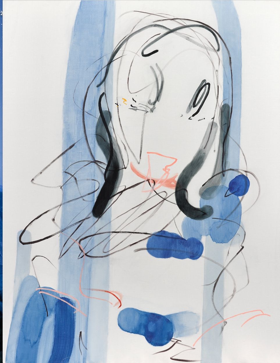 新海至人Untitled (2022)油畫 145.5X112cm作品描繪了讓人揣測各種距離的他人形象。作者想要創作出那種像瞪鞋搖滾般,扭曲著聲音,低語著歌詞一樣,一種扭曲的畫面、好像在低聲訴說著什麼的作品。 作者學習的草月流插花的經驗,影響了他對抽象性和身體性的理解,這些理解又被 他以御宅文化、新繪畫主義等的形式呈現到作品中。圖片由HRD Artist Label提供。