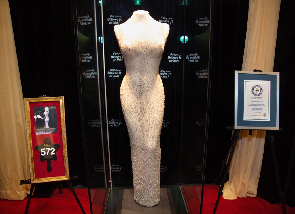 HOLLYWOOD, CALIFORNIA - NOVEMBER 07: Full Shot of the Historic Happy Birthday President Kennedy Dress Worn By Marilyn Monroe at Ripley's Believe It Or Not on November 07, 2018 in Hollywood, California. (Photo by Liliane Lathan/Getty Images)