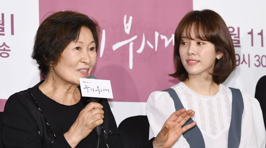 SEOUL, SOUTH KOREA - February 11: Actress Kim Hye-Ja and Han Ji-Min during a JTBC drama 'Dazzling' press conference at Conrad Seoul on February 11, 2019 in Seoul, South Korea. (Photo by The Chosunilbo JNS/Imazins via Getty Images)