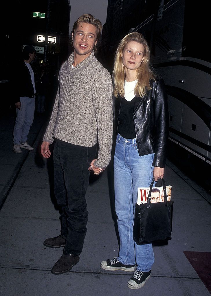 Actor Brad Pitt and Gwyenth Paltrow break from filming 'The Devil's Own' on February 23, 1996 in New York City. (Photo by Ron Galella, Ltd./Ron Galella Collection via Getty Images)