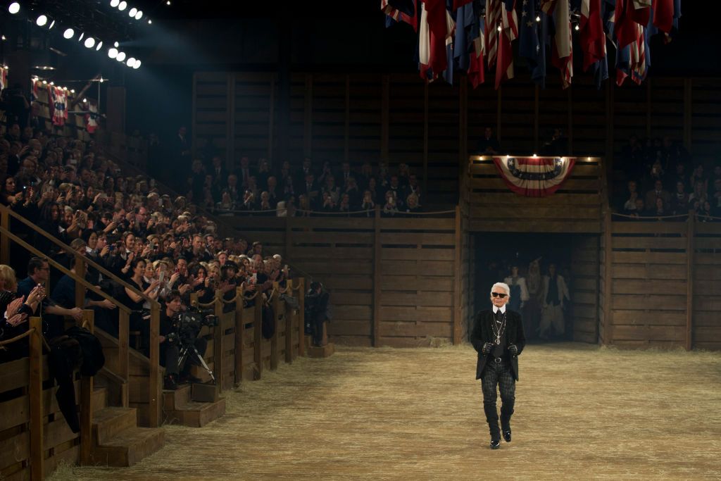DALLAS, TX - DECEMBER 10: Karl Lagerfeld walks the runway after the Chanel "Metiers d'Art" Show at Fair Park on December 10, 2013 in Dallas, Texas. (Photo by Cooper Neill/Getty Images for Chanel)