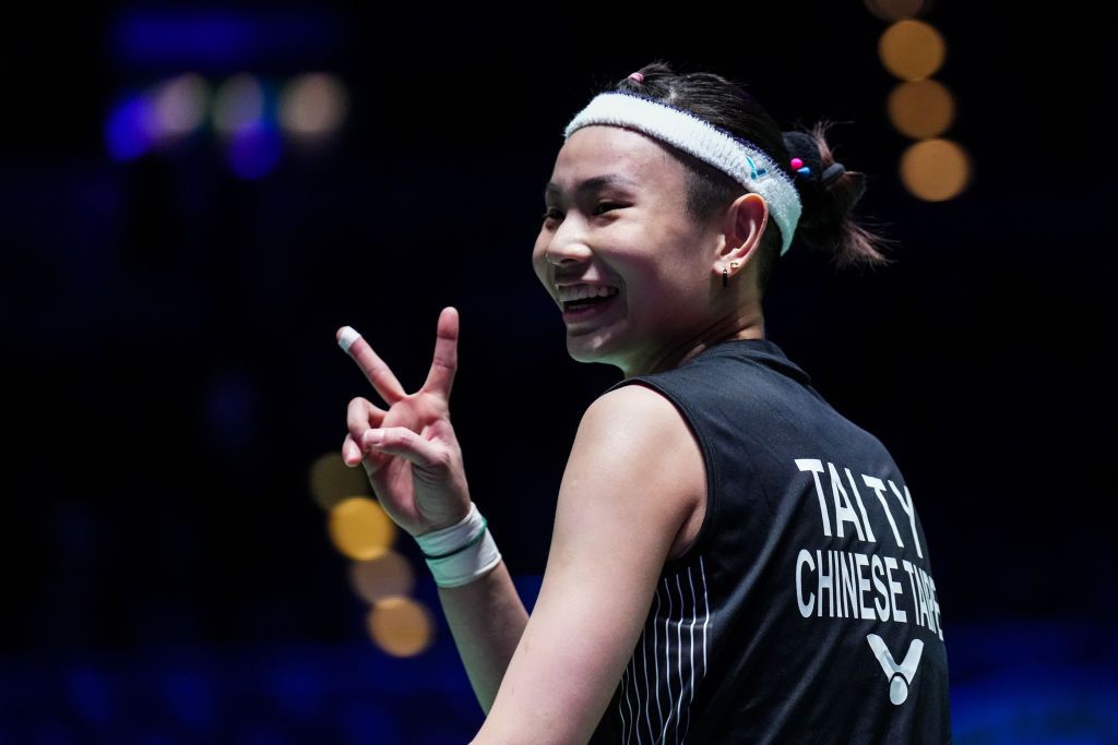 BIRMINGHAM, ENGLAND - MARCH 18: (CHINA OUT)Tai Tzu Ying of Chinese Taipei celebrates the victory in the Women's Singles quarter finals match against Nozomi Okuhara of Japan on day three of the Yonex All England at Utilita Arena Birmingham on March 18, 2022 in Birmingham, England. (Photo by Shi Tang/Getty Images)