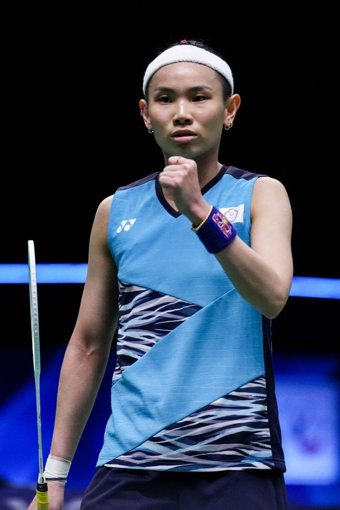 BANGKOK, THAILAND - MAY 12: Tai Tzu Ying of Chinese Taipei reacts in the Women's Single match against Akane Yamaguchi of Japan during day five of the BWF Thomas and Uber Cup Finals at Impact Arena on May 12, 2022 in Bangkok, Thailand. (Photo by Shi Tang/Getty Images)