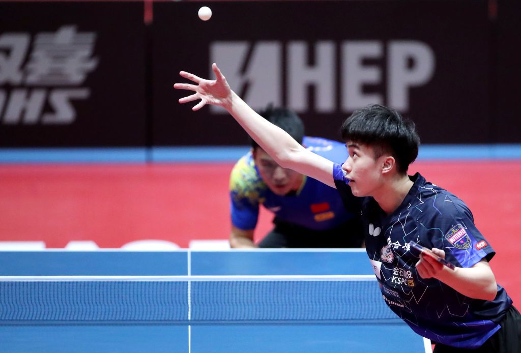 ZAGREB, CROATIA - JUNE 19: Yun-Ju Lin of Taiwan compete during WTT Contender Zagreb 2022 Men's Singles Finals against Peng Xiang of China at Dom Sportova Hall on June 19, 2022 in Zagreb, Croatia. (Photo by Sanjin Strukic/Pixsell/MB Media/Getty Images)