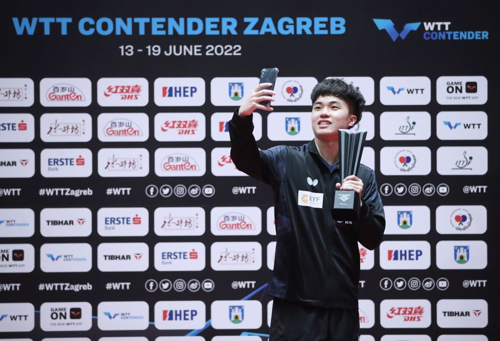 ZAGREB, CROATIA - JUNE 19: Winner Yun-Ju Lin of Taiwan pose with his trophy after WTT Contender Zagreb 2022 Men's Singles Finals against Peng Xiang of China at Dom Sportova Hall on June 19, 2022 in Zagreb, Croatia. (Photo by Sanjin Strukic/Pixsell/MB Media/Getty Images)