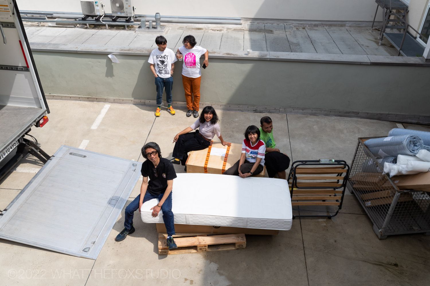 Ruangrupa in Kassel, Back row, from left: Reza Afisina and Julia Sarisetiati. Front row, from left: Iswanto Hartono, Bellina Erby, Ajeng Nurul Aini and Farid Rakun Photo: Inga Beckmann