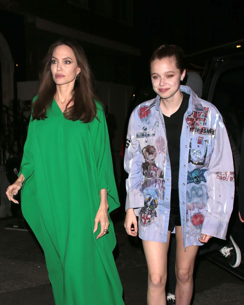 LONDON, ENGLAND - OCTOBER 27:  Angelina Jolie and Shiloh Jolie-Pitt seen attending The Eternals - UK film premiere afterparty at Maison Estelle on October 27, 2021 in London, England. (Photo by Ricky Vigil M/GC Images)