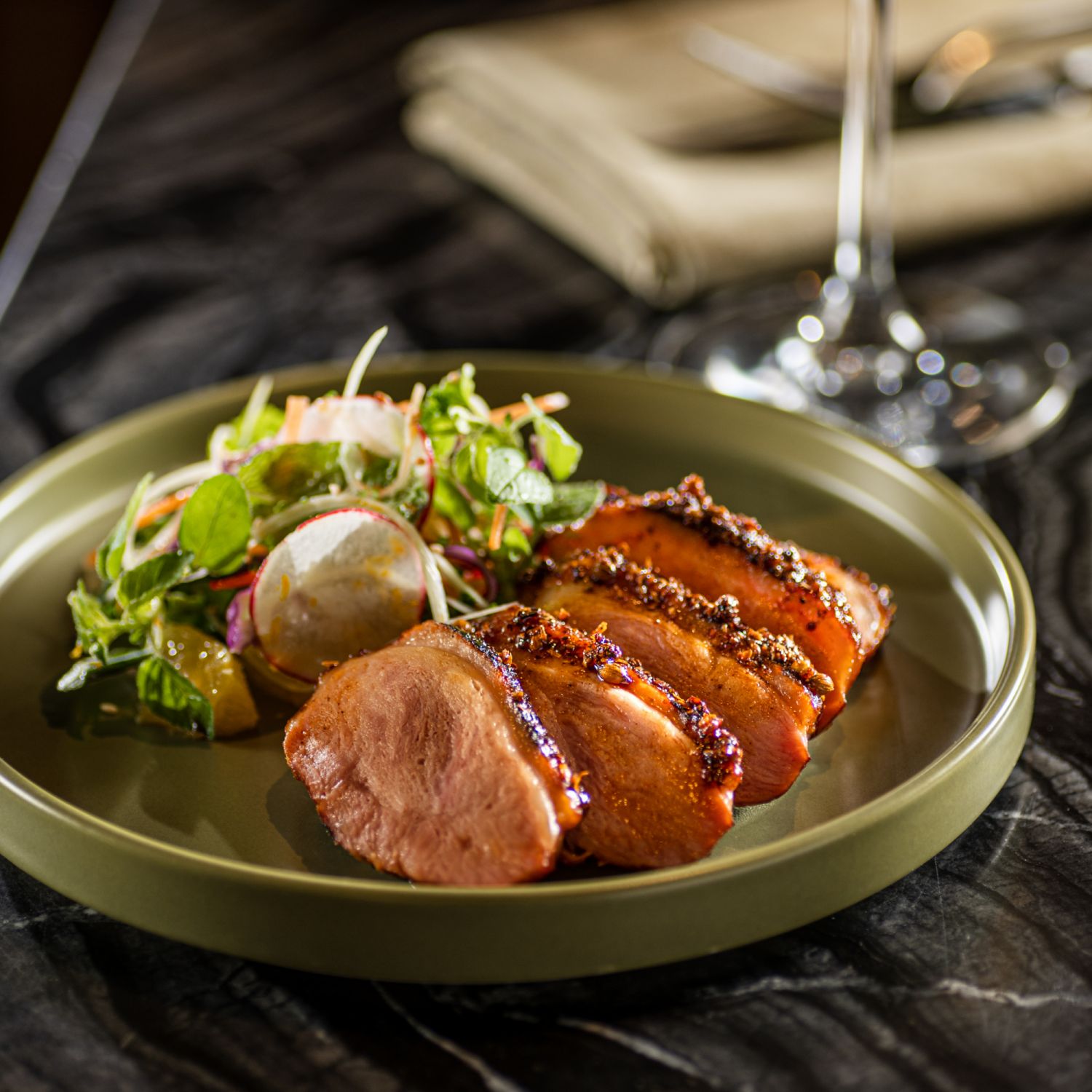 Mala honey smoked duck breast a la Burnt & Co