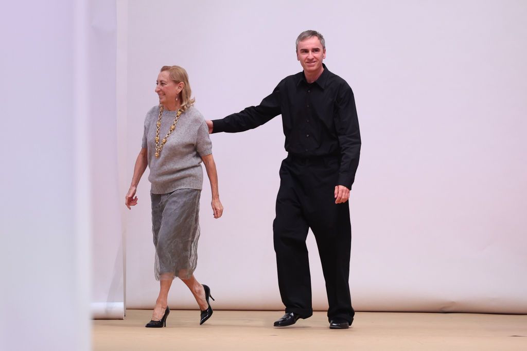 MILAN, ITALY - JUNE 19: Designer Miuccia Prada and Raf Simons walk the runway at the Prada fashion show during the Milan Fashion Week S/S 2023 on June 19, 2022 in Milan, Italy. (Photo by Daniele Venturelli/Daniele Venturelli / WireImage )