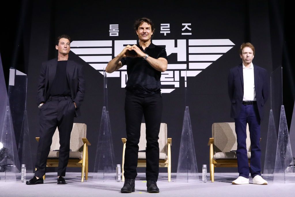 SEOUL, SOUTH KOREA - JUNE 20: (L-R) Miles Teller, Tom Cruise and Jerry Bruckheimer attend the Korea Press Conference of "Top Gun: Maverick" at Lotte Hotel Seoul on June 20, 2022 in Seoul, South Korea. (Photo by Chung Sung-Jun/Getty Images for Paramount Pictures)