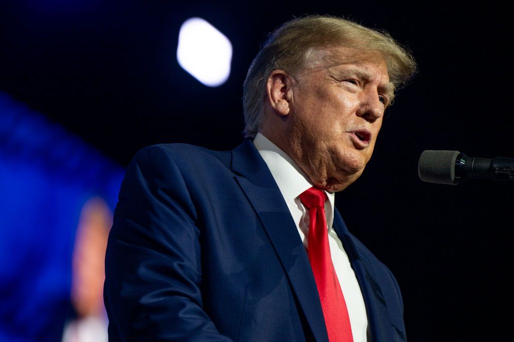 HOUSTON, TEXAS - MAY 27: Former U.S. President Donald Trump speaks during the National Rifle Association (NRA) annual convention at the George R. Brown Convention Center on May 27, 2022 in Houston, Texas. The annual National Rifle Association comes days after the mass shooting in Uvalde, Texas which left 19 students and 2 adults dead, with the gunman fatally shot by law enforcement officers. (Photo by Brandon Bell/Getty Images)