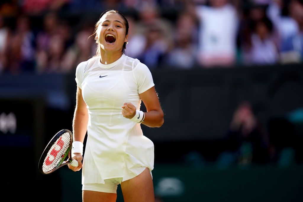 Emma Raducanu celebrates victory over Alison Van Uytvanck on day one of the 2022 Wimbledon Championships at the All England Lawn Tennis and Croquet Club, Wimbledon. Picture date: Monday June 27, 2022. (Photo by Adam Davy/PA Images via Getty Images)