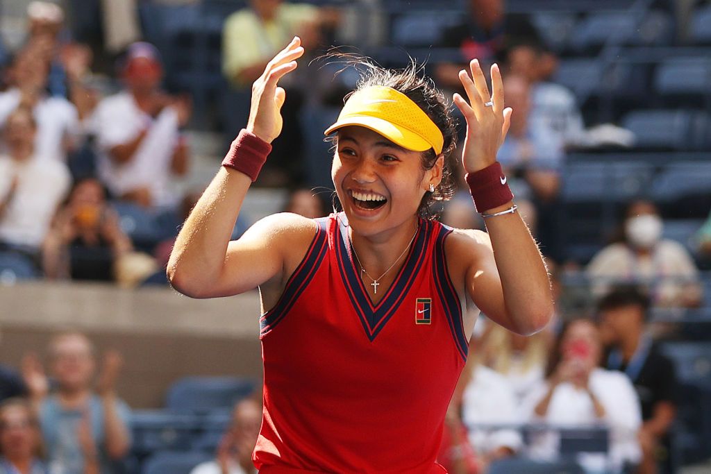 NEW YORK, NEW YORK - SEPTEMBER 08: Emma Raducanu of the United Kingdom celebrates match point against Belinda Bencic of Switzerland during her Womenâs Singles quarterfinals match on Day Ten of the 2021 US Open at the USTA Billie Jean King National Tennis Center on September 08, 2021 in the Flushing neighborhood of the Queens borough of New York City. (Photo by Elsa/Getty Images)