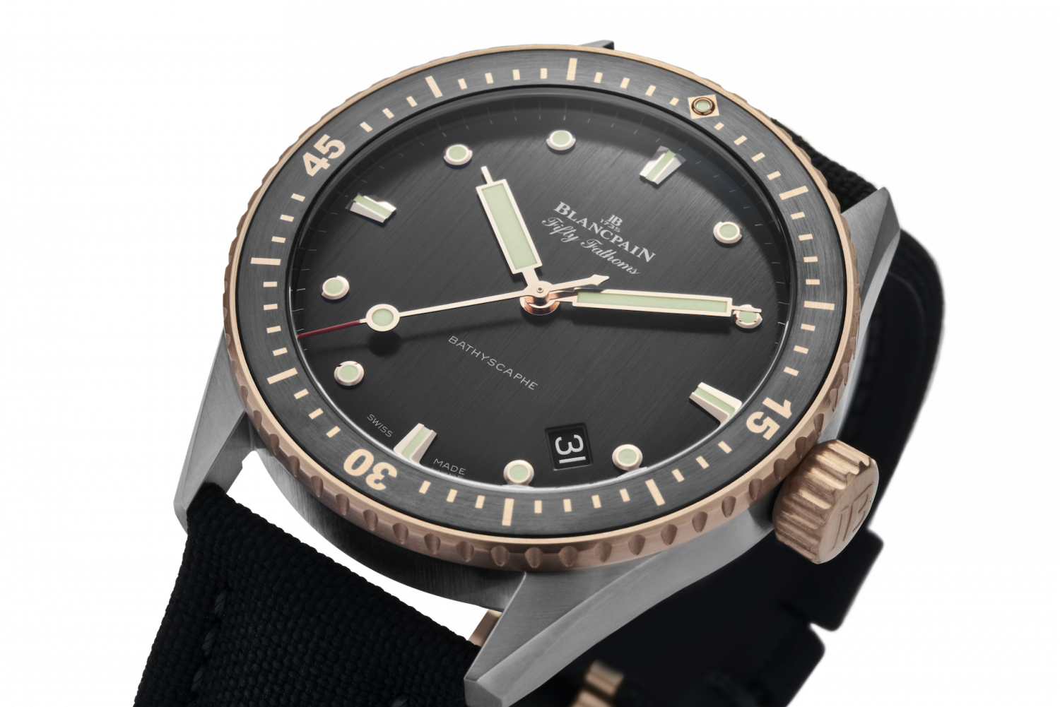 Blancpain Fifty Fathoms Bathyscaphe Cortina 50th Anniversary in titanium with unidirectional bezel in Sedna gold