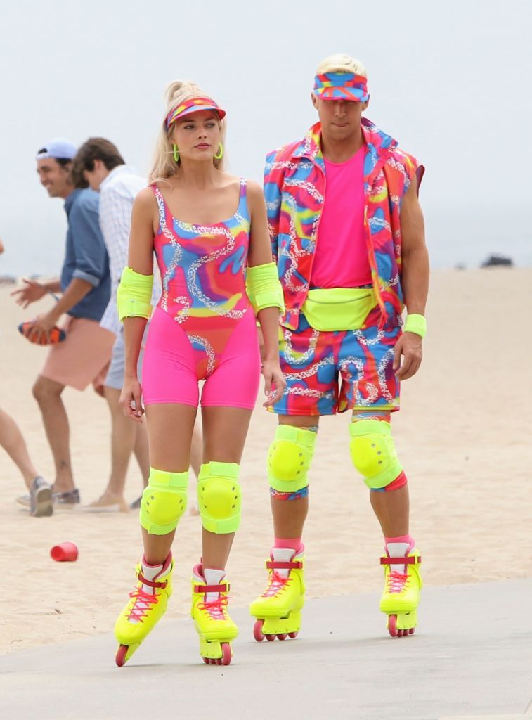 LOS ANGELES, CA - JUNE 28: Margot Robbie and Ryan Gosling seen rollerblading on the set of "Barbie" on June 28, 2022 in Los Angeles, California. (Photo by MEGA/GC Images)