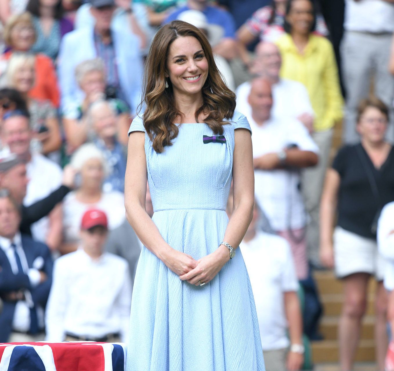 LONDON, ENGLAND - JULY 14: Catherine, Duchess of Cambridge on Centre court during Men's Finals Day of the Wimbledon Tennis Championships at All England Lawn Tennis and Croquet Club on July 14, 2019 in London, England. (Photo by Karwai Tang/Getty Images)