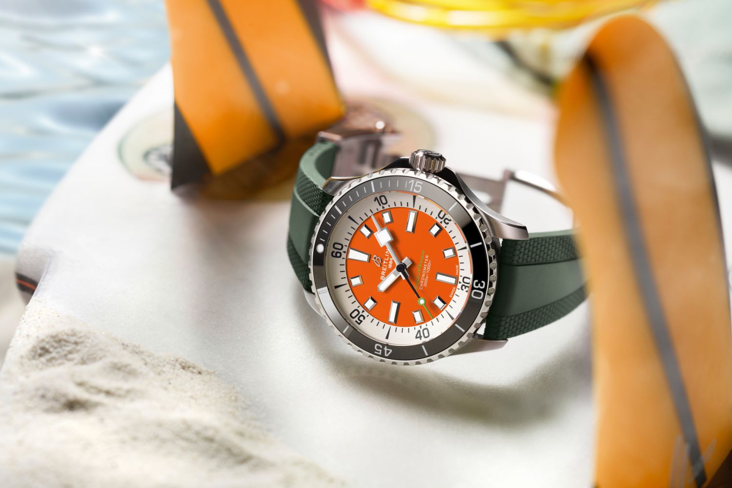 Breitling Superocean 42 Kelly Slater Limited Edition_orange dial and green rubber strap_Ref. A173751A1O1S1_RGB