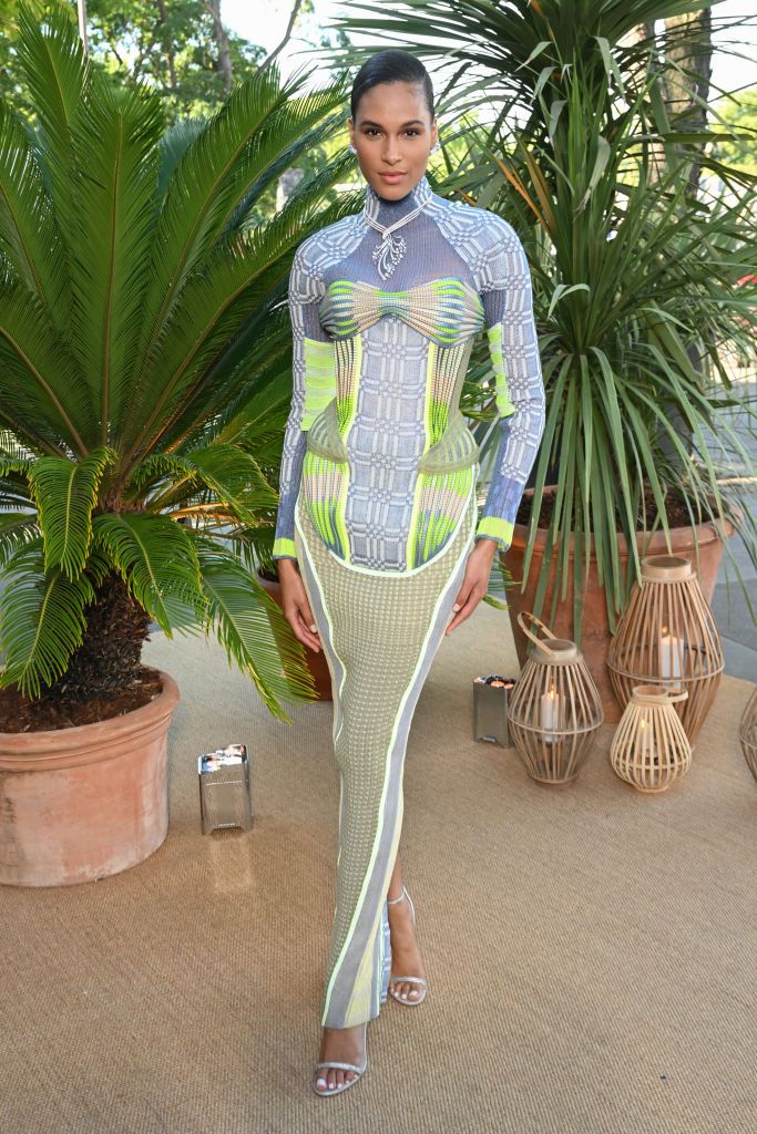 PARIS, FRANCE - JULY 02: Cindy Bruna attends the "Ondes Et Merveilles De Chaumet - New High Jewellery Collection" : photocall at Piscine Molitor on July 02, 2022 in Paris, France. (Photo by Stephane Cardinale - Corbis/Corbis via Getty Images)