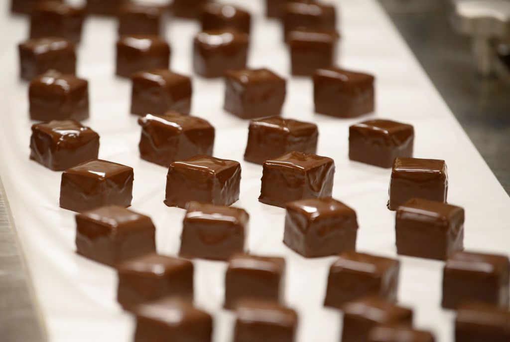 22 November 2021, Brandenburg, OberkrÃ¤mer/Ot Schwante: After being coated with chocolate coating, the finished dominoes lie on paper at the Plentz bakery and confectionery. At the moment, almost everything in the family business, which was founded in 1877, revolves around the Christmas business. In addition to the stollen, Plentz's dominoes are also very popular with customers. (to dpa "Pre-Christmas season: Wedding in Brandenburg bakeries" from 28.11.2021) Photo: Soeren Stache/dpa-Zentralbild/dpa (Photo b