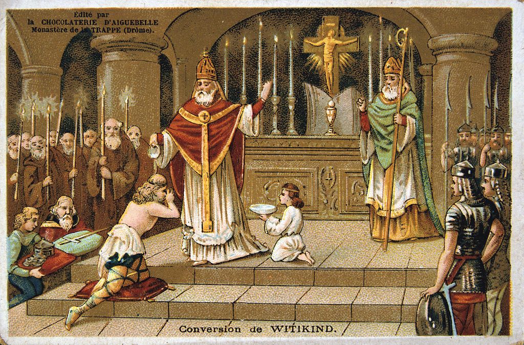Conversion of Witikind, 785 AD, (19th century). The Saxon leader Witikind (or Wittekind), resisted Emperor Charlemagne for a long time before finally submitting. He was baptised c785 AD, and according to myth he rode a black horse before his baptism and a white horse afterwards. Card from a series produced by the chocolate factory at the Monastery of Aiguebelle. (Photo by Art Media/Print Collector/Getty Images)