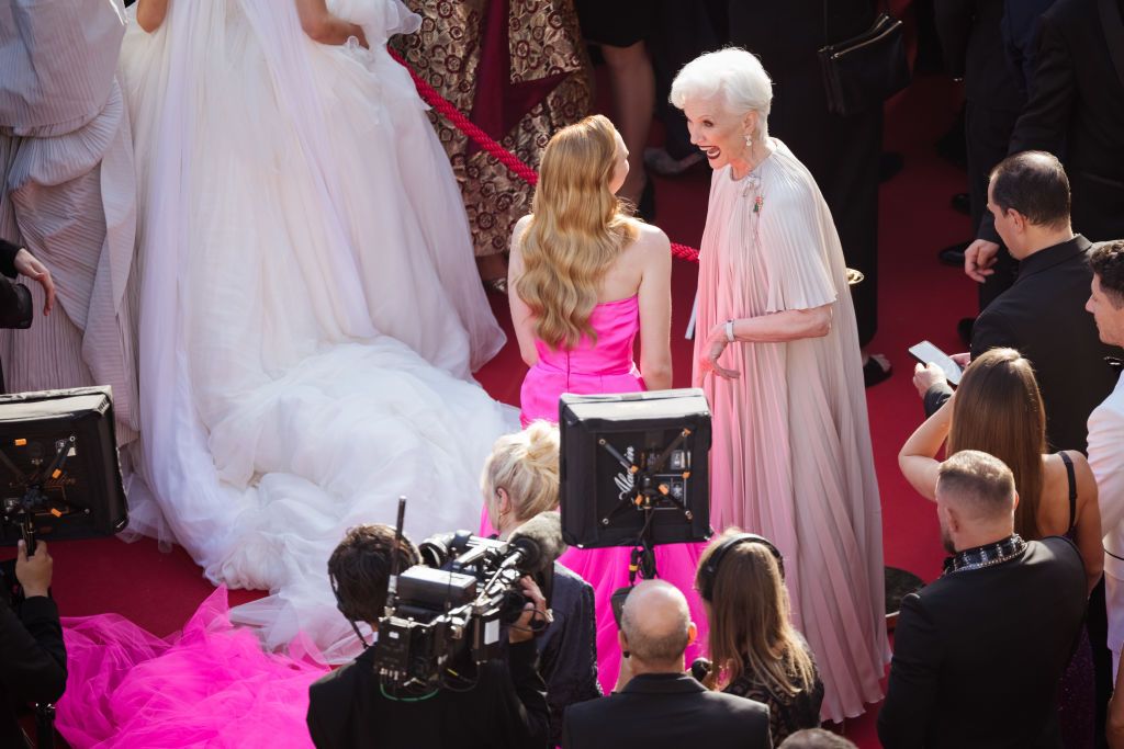 CANNES, FRANCE - MAY 25: (EDITORS NOTE : Image has been digitally retouched) Maye Musk and Natasha Bassett attend the screening of "Elvis" during the 75th annual Cannes film festival at Palais des Festivals on May 25, 2022 in Cannes, France. (Photo by Francois G. Durand/Getty Images)