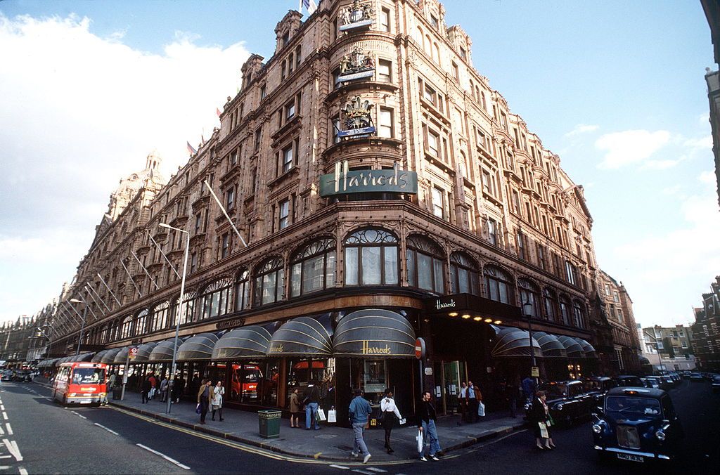 LONDON, UNITED KINGDOM - JANUARY 01: Harrods Royal Warrants Displayed Above The Store In Knightsbridge Owned By Mohammed Al Fayed.circa 1990s (Photo by Tim Graham Photo Library via Getty Images)