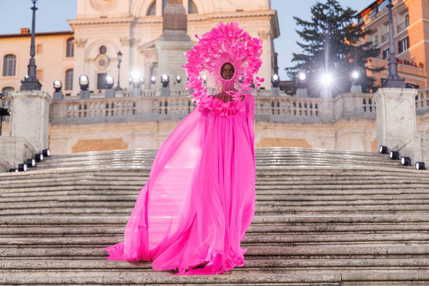 Model on the catwalk at the Valentino Fashion show in Rome, Fall Winter 2022, Haute Couture Fashion Week