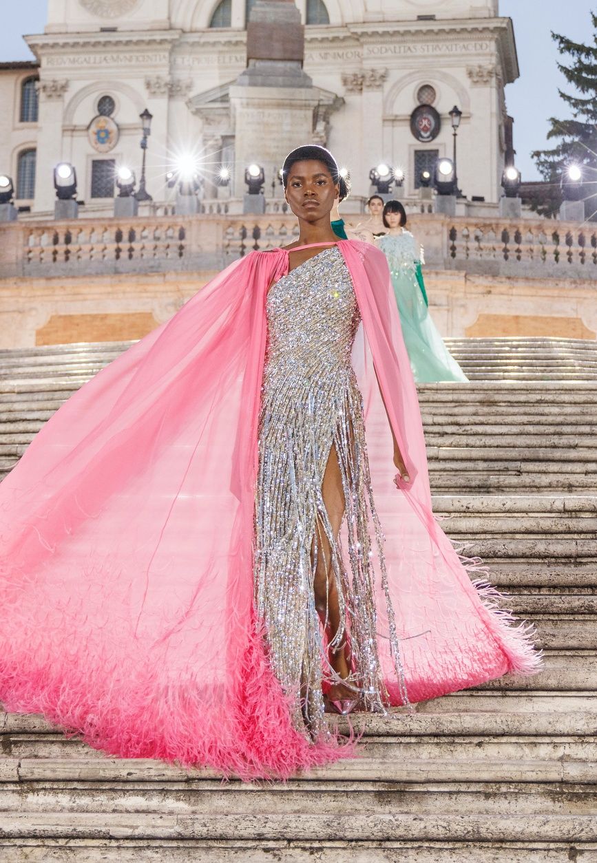Model on the catwalk at the Valentino Fashion show in Rome, Fall Winter 2022, Haute Couture Fashion Week